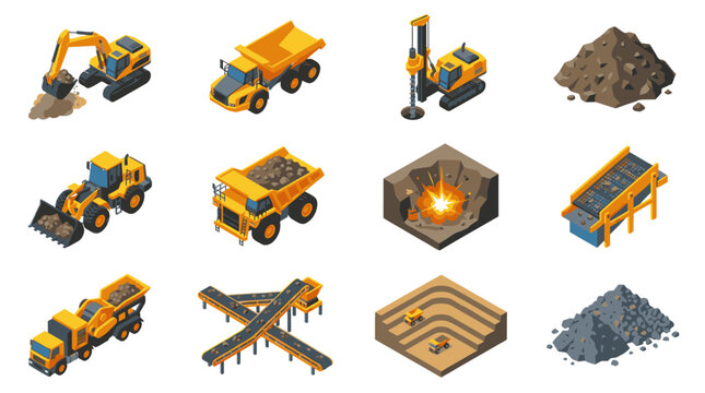 Colorful Isometric Construction Equipment and Materials Set.