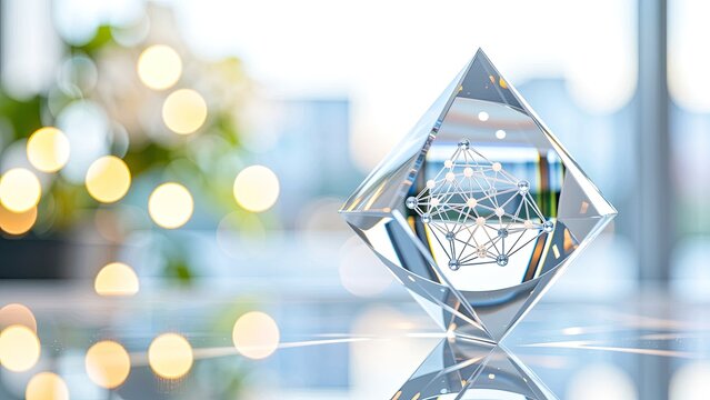nanotechnology symbol with glowing nodes and warm bokeh reflections