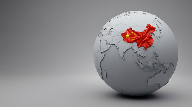 3D globe with China highlighted in red silk texture on a neutral grey background