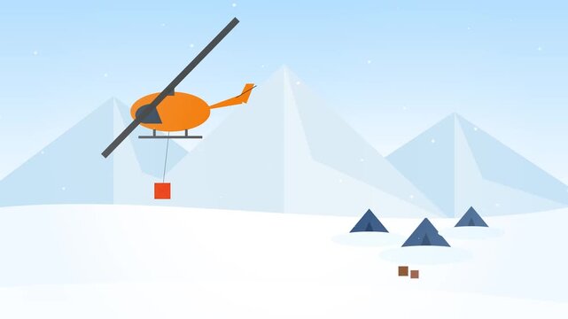Arctic Supply Logistics Animation: Orange Helicopter Delivering Cargo to Snowy Mountain Camp 4K 60fps