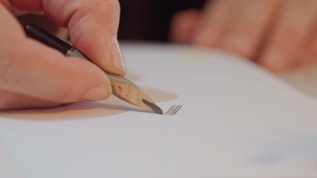 Close up of hand holding ink pen carefully drawing straight lines on white paper. steady movement creates precise parallel strokes against smooth surface emphasizing controlled artistic
