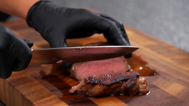 Gloved hands slice seared steak on wooden cutting board, revealing pink interior as kitchen knife moves through browned crust in tight food preparation close-up view