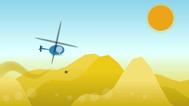 Animated Desert Safari Adventure with Helicopter Flying Over Sand Dunes in 4K 60fps 16:9 Canvas