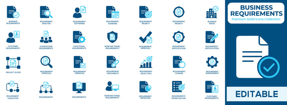 Business requirements solid icon set featuring document analysis, project planning, stakeholder management, requirement approval, and traceability and more blue flat design. Vector