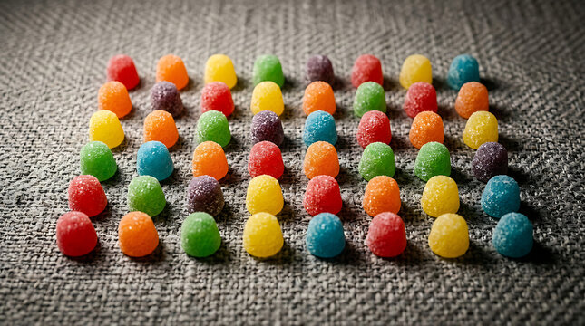 Vibrant gumdrops arranged in a neat grid pattern on a textured surface