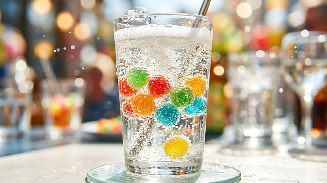 Vibrant gumdrops suspended within a bubbly, refreshing carbonated beverage in a clear glass, perfect for a fun summer treat.