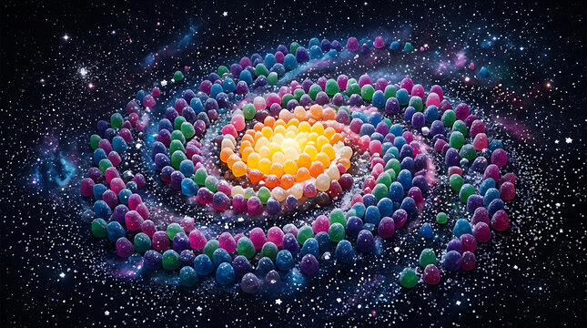 Vibrant spiral galaxy formation artfully arranged from colorful gumdrops and candies against a starry cosmic background