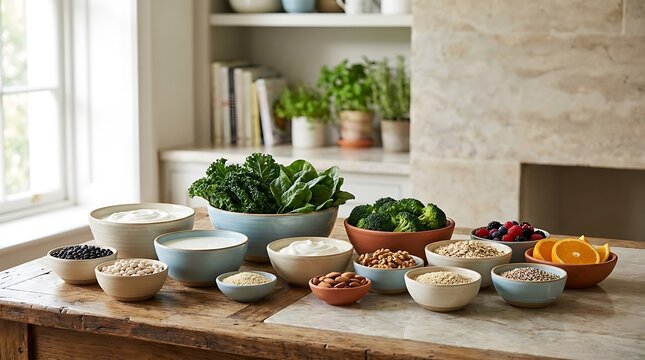 Healthy food options on a wooden table to promote strong bones eating habits in everyday life.