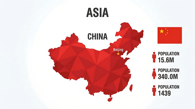 Red low poly map of China infographic with population statistics and national flag.