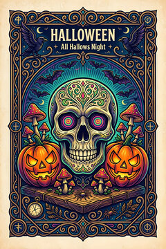 Crazy psychedelic colorful Halloween Poster in illustration style