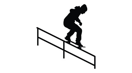 Fototapeta premium Skateboarder riding a rail is depicted in a black silhouette skating rider