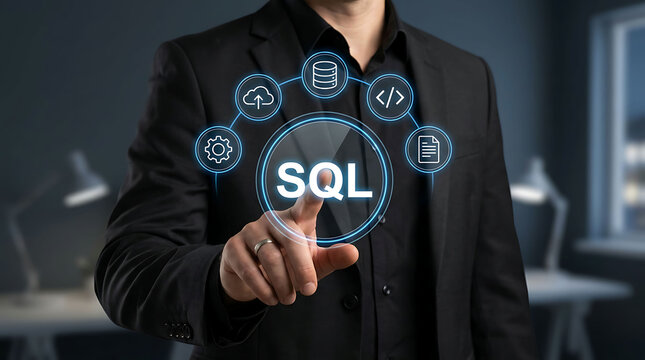 Businessman interacting with digital SQL database technology interface concept