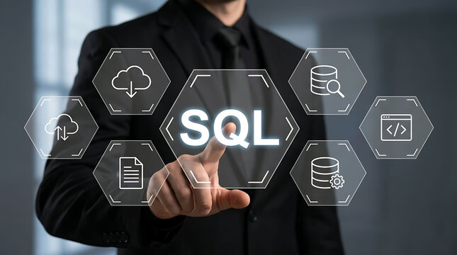 Businessman interacting with digital SQL database technology interface screen