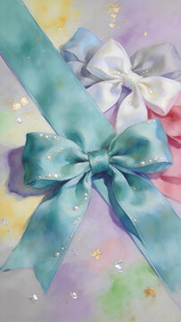 Shiny gift bow decoration,sparkle gold dust pastel background,celebration social media banner product mockup photo E‑commerce marketing poster Background shooting scene