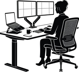 Fototapeta premium Businesswoman working at adjustable standing desk vector illustration featuring dual monitor screens, laptop mount stand, ergonomic chair, and office workstation silhouettes.