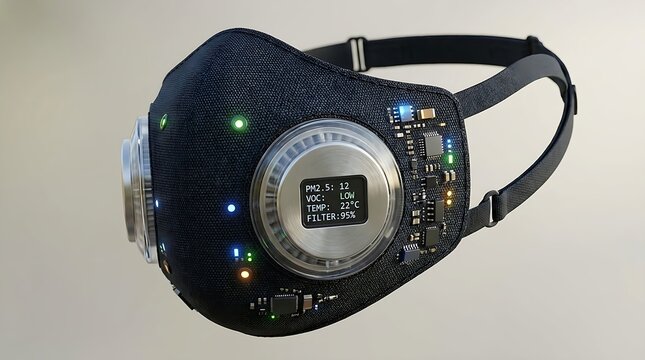 High Tech Smart Face Mask with Digital Air Quality Monitor Display Showing PM2.5 and VOC Levels