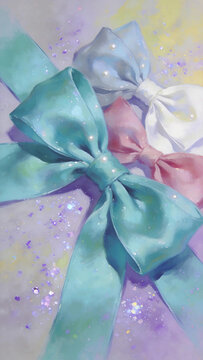 Shiny gift bow decoration,sparkle gold dust pastel background,celebration social media banner product mockup photo E‑commerce marketing poster Background shooting scene