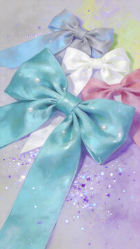 Shiny gift bow decoration,sparkle gold dust pastel background,celebration social media banner product mockup photo E‑commerce marketing poster Background shooting scene