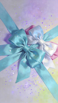 Shiny gift bow decoration,sparkle gold dust pastel background,celebration social media banner product mockup photo E‑commerce marketing poster Background shooting scene