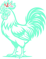 Stylized rooster vector illustration, mint green farm bird profile, decorative cockerel mascot for organic food branding © Insa Batool