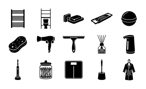 Bathroom accessories icon set, 15 black silhouette hygiene symbols, modern washroom equipment and spa elements vector