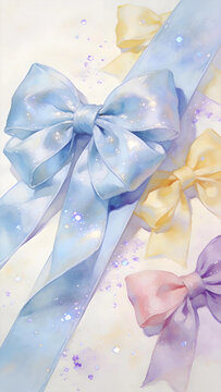 Pastel blue purple pink silk bows, watercolor vertical illustration backdrop product mockup photo E-commerce marketing poster Background shooting scene