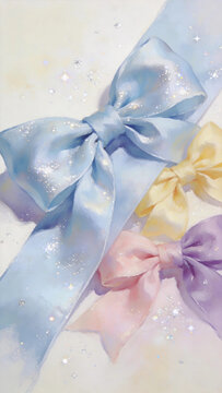 Pastel blue purple pink silk bows, watercolor vertical illustration backdrop product mockup photo E-commerce marketing poster Background shooting scene
