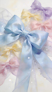 Pastel blue purple pink silk bows, watercolor vertical illustration backdrop product mockup photo E-commerce marketing poster Background shooting scene
