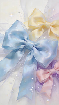 Macaron three-color satin bow sequin tulle, pale warm background, product mockup photo E-commerce marketing poster Background shooting scene