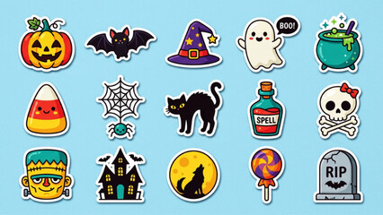 Obraz premium Whimsical Halloween sticker set with pumpkin bat witch hat ghost cauldron candy corn spider web black cat potion skull frankenstein haunted house wolf tombstone.