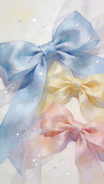 Macaron three-color satin bow sequin tulle, pale warm background, product mockup photo E-commerce marketing poster Background shooting scene