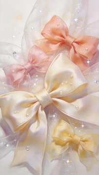 Pearl soft‑light champagne bows, tender dreamy vertical backdrop product mockup photo E‑commerce marketing poster Background shooting scene