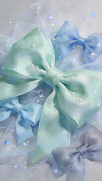 Mint blue series ribbon bow, watercolor soft texture, product mockup photo E-commerce marketing poster Background shooting scene