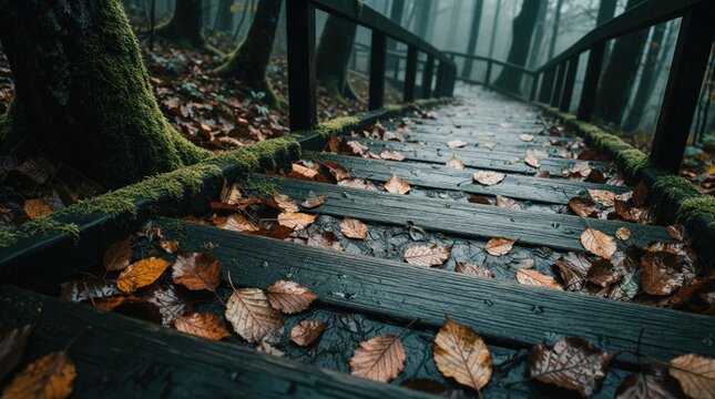Wooden stairs descend into a foggy forest covered in moss and wet autumn leaves. A secluded path winds down through the damp, dark woods creating a mysterious and tranquil atmosphere for hikers.
