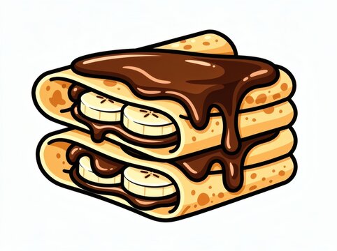 Crepes stacked with sliced fresh bananas and drenched in rich chocolate syrup creating a decadent dessert composition.