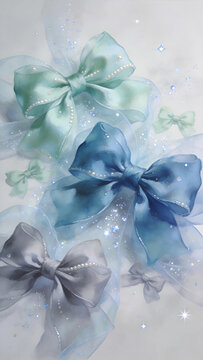 Mint blue series ribbon bow, watercolor soft texture, product mockup photo E-commerce marketing poster Background shooting scene