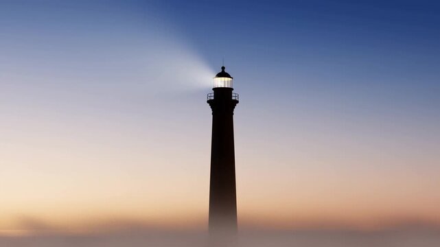 Lighthouse stands in thick fog with beacon glowing beneath a sunset sky