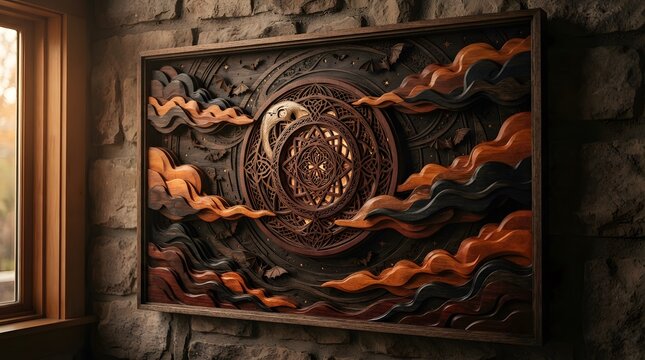 Intricate wooden wall art carving featuring a circular geometric pattern with golden light accents