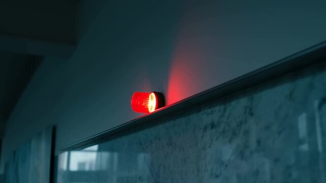 Red warning beacon glowing on industrial wall in dark blue interior setting
