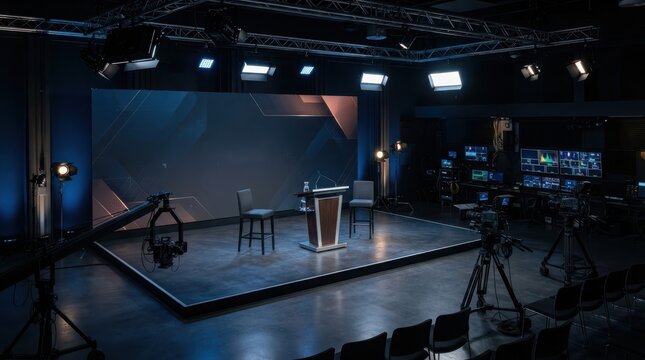 Modern television studio stage with empty chairs and a podium for broadcast news or talk show production in a professional setting