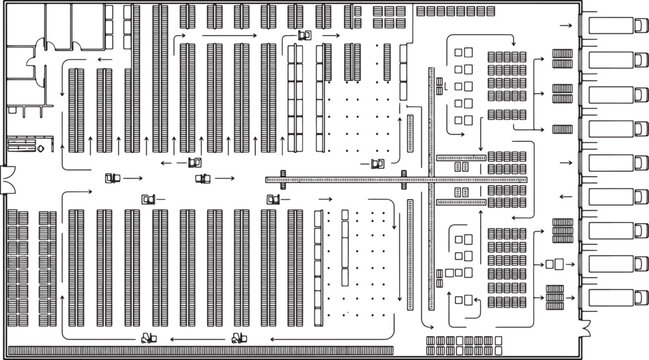 Top down floor plan of a large warehouse facility with storage racks and loading dock bays