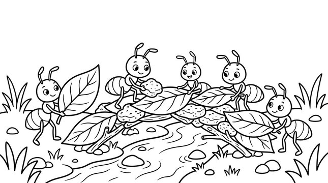 Hardworking cartoon ants constructing a sturdy bridge over a flowing river in this clean black and white line art illustration