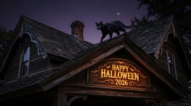Black cat walking on a dark spooky house roof with a happy halloween 2026 sign at night