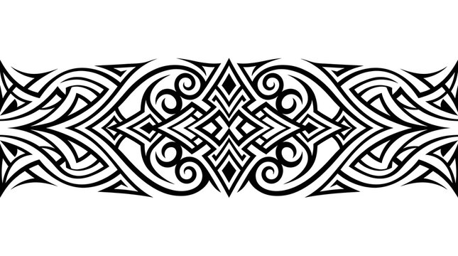 Ornate tribal tattoo band features intricate black ink swirling patterns and sharp geometric symmetrical shapes on a clean white background
