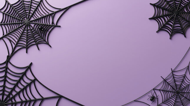 Halloween background with black glitter spider webs arranged in corners on pastel purple surface flat lay autumn season