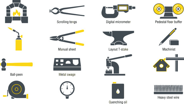 Industrial metalworking and blacksmith craft line icon set featuring forge furnace, scrolling tongs, digital micrometer, layout stake anvil, and machinist tool vectors.