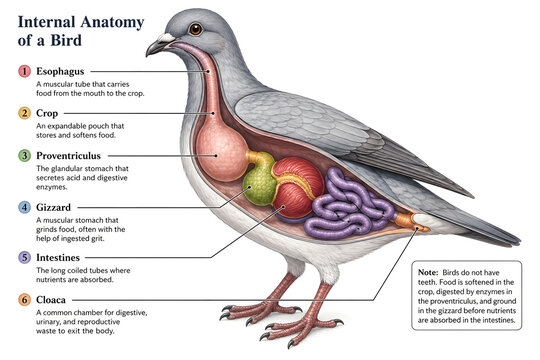 Internal anatomy chart of a bird showing digestive organs and structure
