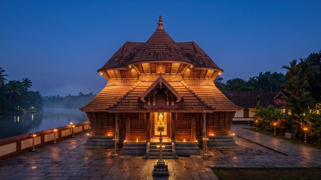 Madhur Mahaganapathi Temple Kerala Blue Hour &ndash; Illuminated Gajaprishta Shrine