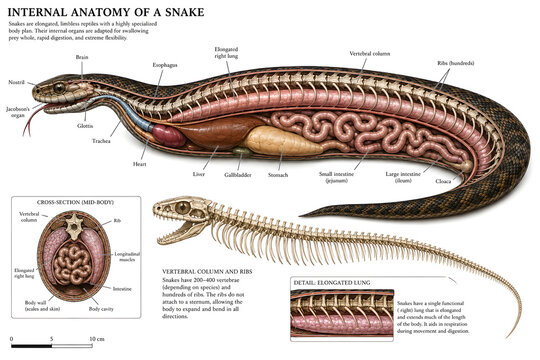 Internal anatomy of a snake showing skeletal structure and organ system