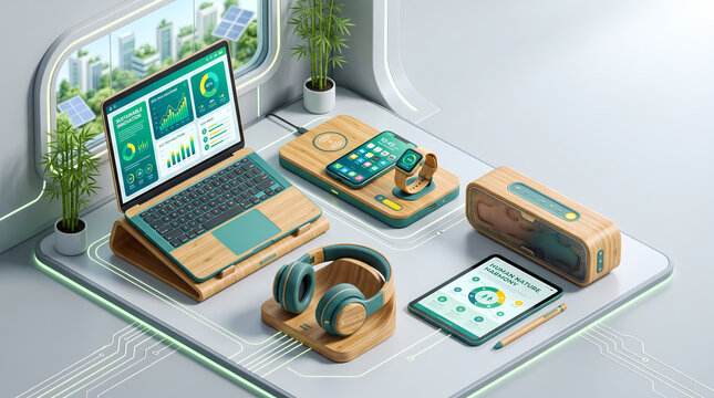 Isometric 3D sustainable eco-friendly wooden tech gadgets and accessories